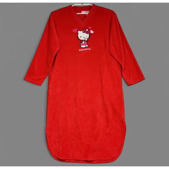Hello Kitty Fleece Nightgown Adult Womens Medium Red Embroidered Pockets Saniro - Picture 1 of 14
